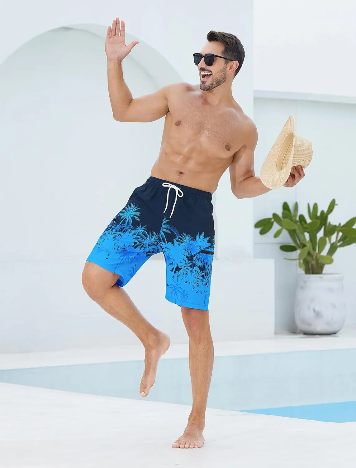 Mens Swim Trunks with Compression Liner Zipper Cargo Pockets Bathing Suit 9 Inch Quick-Dry Swimming Shorts