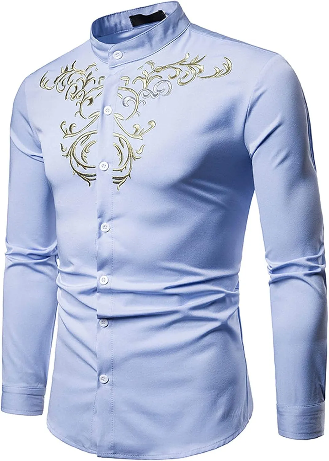Mens T Shirts Casual Floral Embroidery Long Sleeve Dress Shirt Slim Fit Solid Button Up Tees Shirt Trendy Clothes
