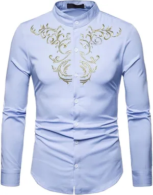 Mens T Shirts Casual Floral Embroidery Long Sleeve Dress Shirt Slim Fit Solid Button Up Tees Shirt Trendy Clothes