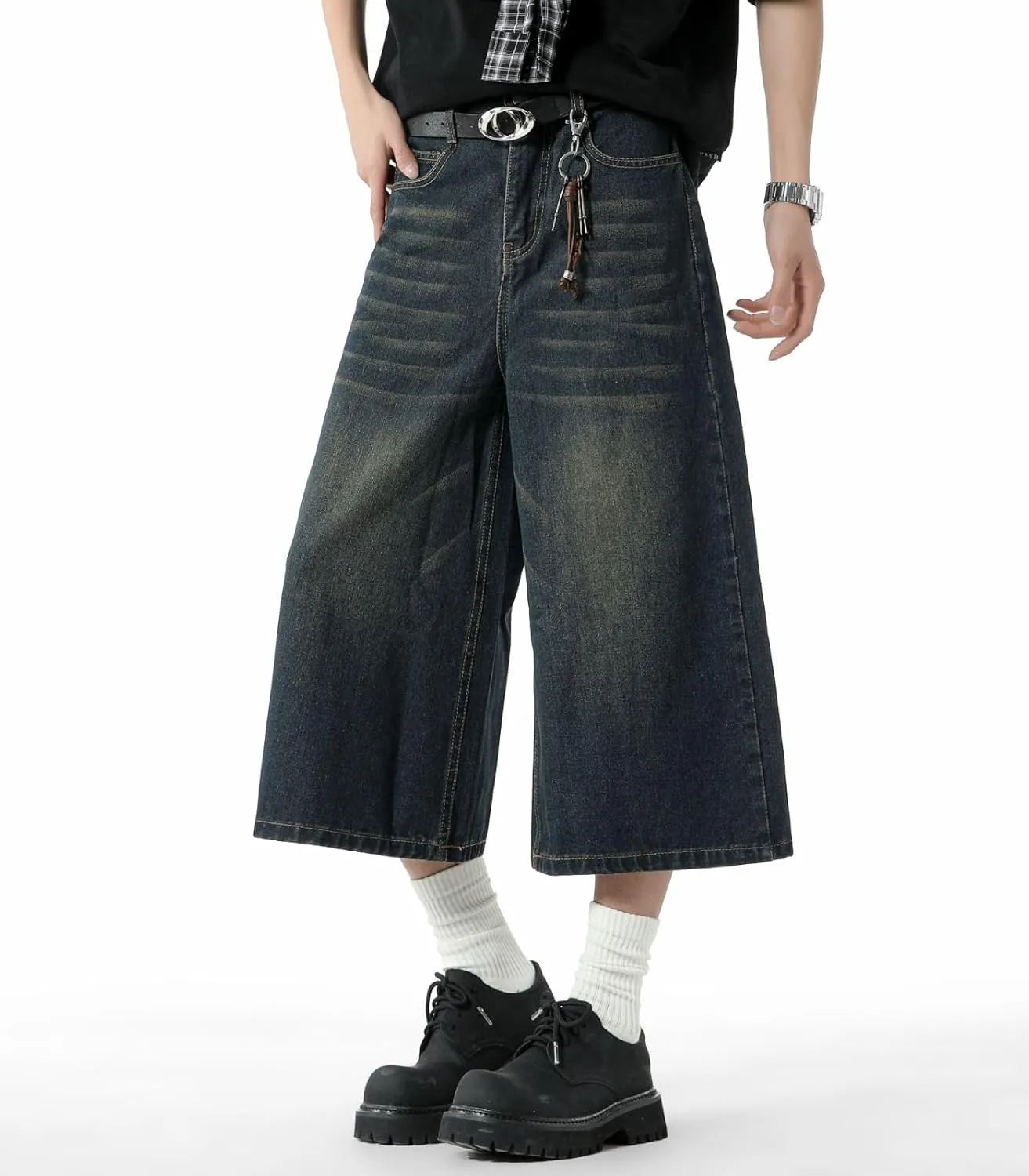 Men's Teen Acid Wash Y2K Jorts Baggy Jean Shorts Wide Leg Loose Fit Streetwear Hip Hop Summer Jnco Shorts