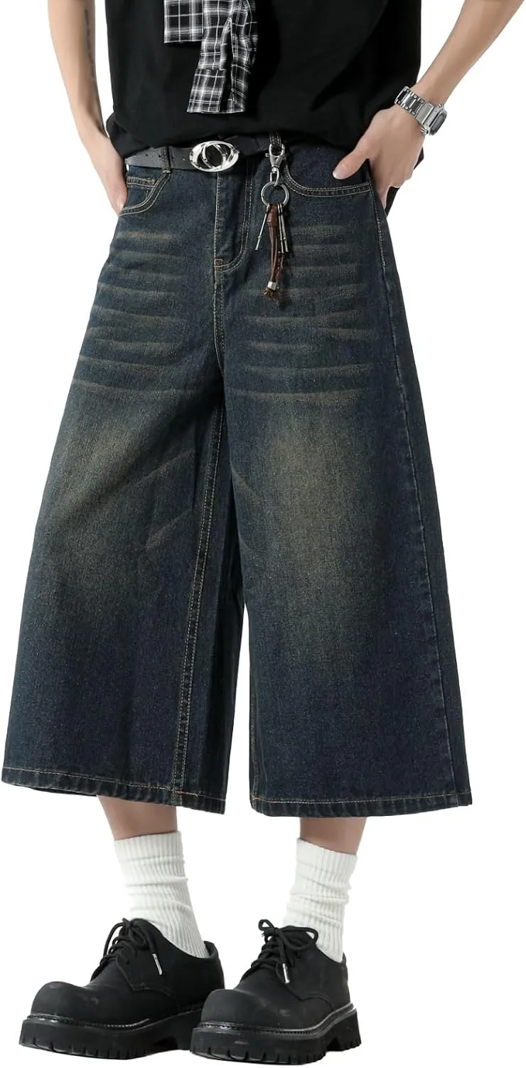 Men's Teen Acid Wash Y2K Jorts Baggy Jean Shorts Wide Leg Loose Fit Streetwear Hip Hop Summer Jnco Shorts