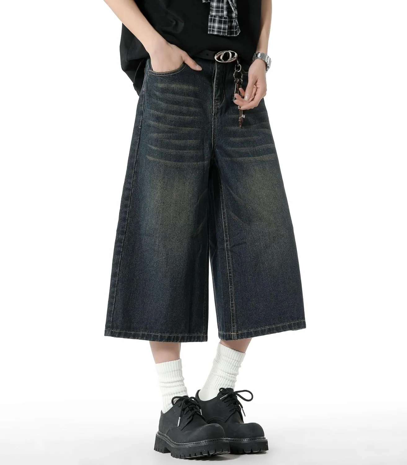 Men's Teen Acid Wash Y2K Jorts Baggy Jean Shorts Wide Leg Loose Fit Streetwear Hip Hop Summer Jnco Shorts