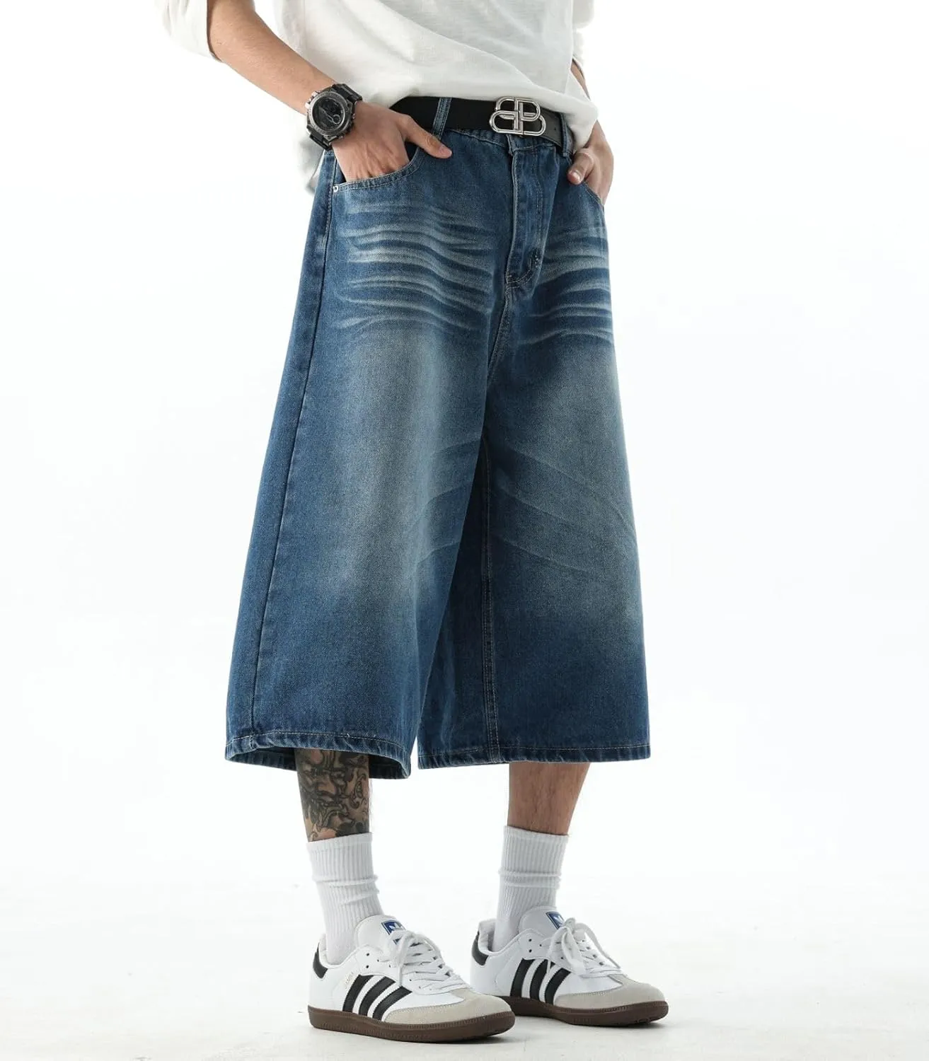 Men's Teen Acid Wash Y2K Jorts Baggy Jean Shorts Wide Leg Loose Fit Streetwear Hip Hop Summer Jnco Shorts