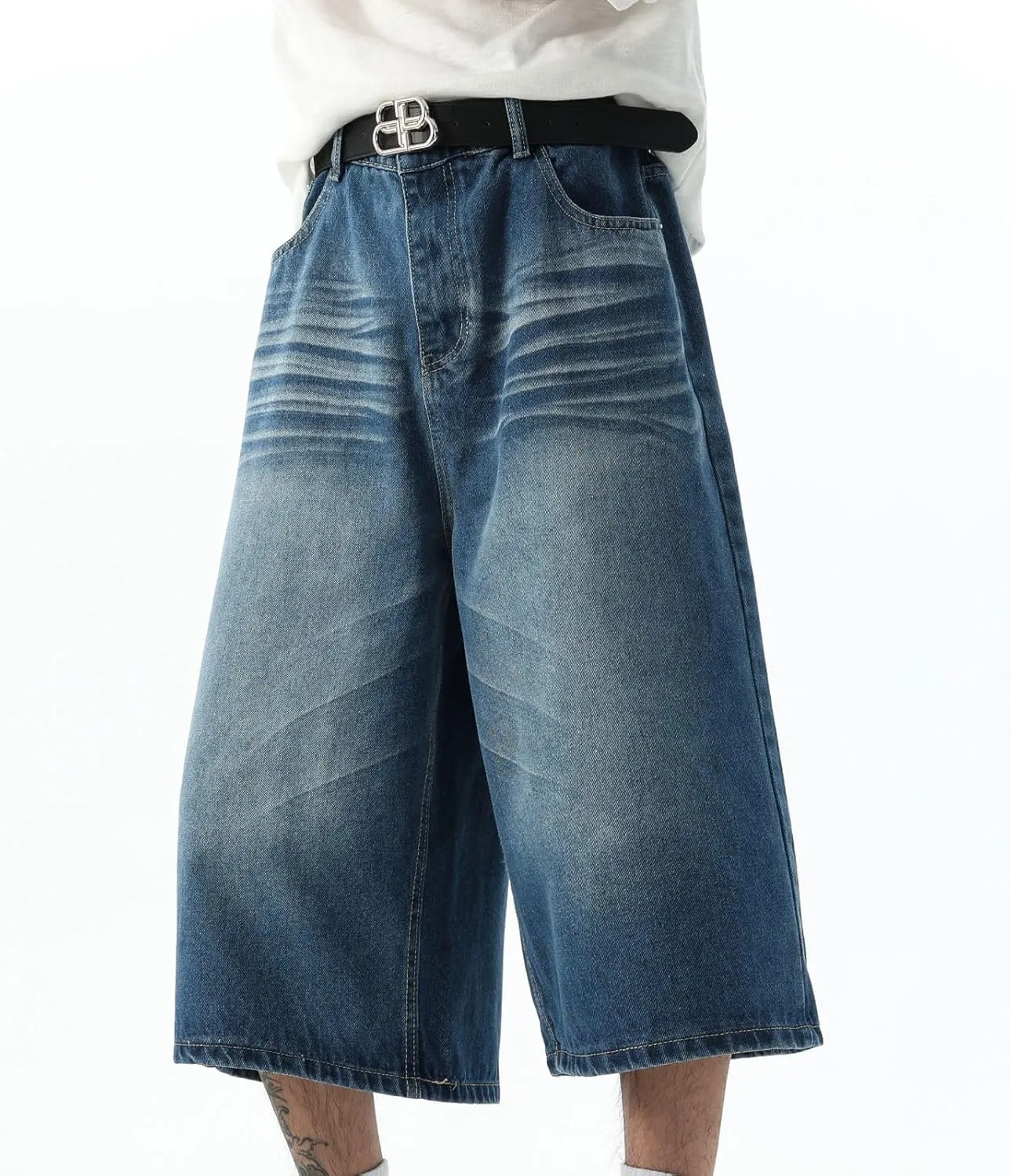 Men's Teen Acid Wash Y2K Jorts Baggy Jean Shorts Wide Leg Loose Fit Streetwear Hip Hop Summer Jnco Shorts