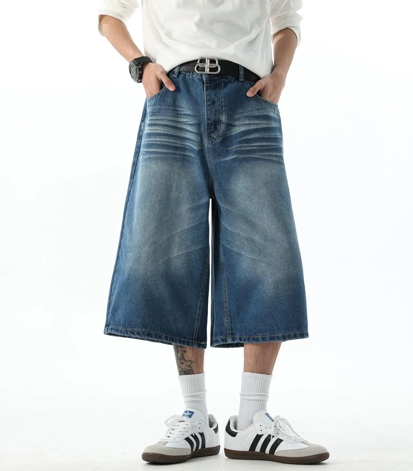 Men's Teen Acid Wash Y2K Jorts Baggy Jean Shorts Wide Leg Loose Fit Streetwear Hip Hop Summer Jnco Shorts