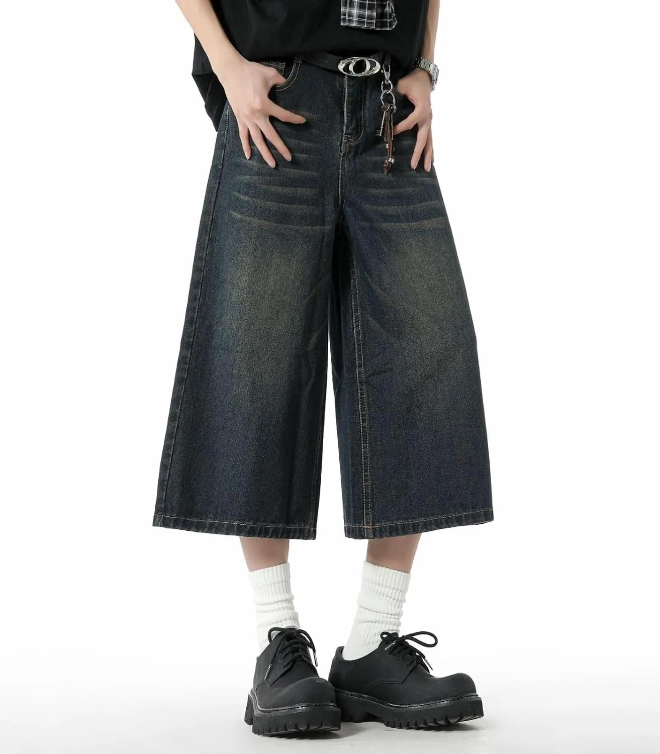 Men's Teen Acid Wash Y2K Jorts Baggy Jean Shorts Wide Leg Loose Fit Streetwear Hip Hop Summer Jnco Shorts