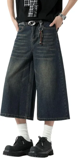 Men's Teen Acid Wash Y2K Jorts Baggy Jean Shorts Wide Leg Loose Fit Streetwear Hip Hop Summer Jnco Shorts