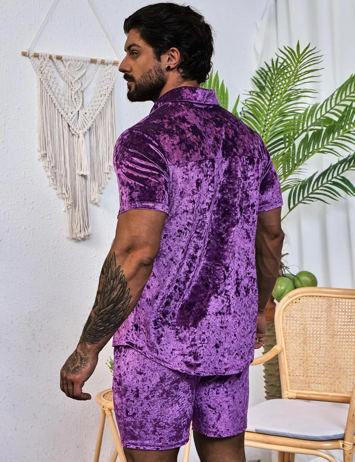 Mens Tracksuit Diamond Velvet Shirts and Shorts Set Fashion Casual 2 Piece Outfits for Men