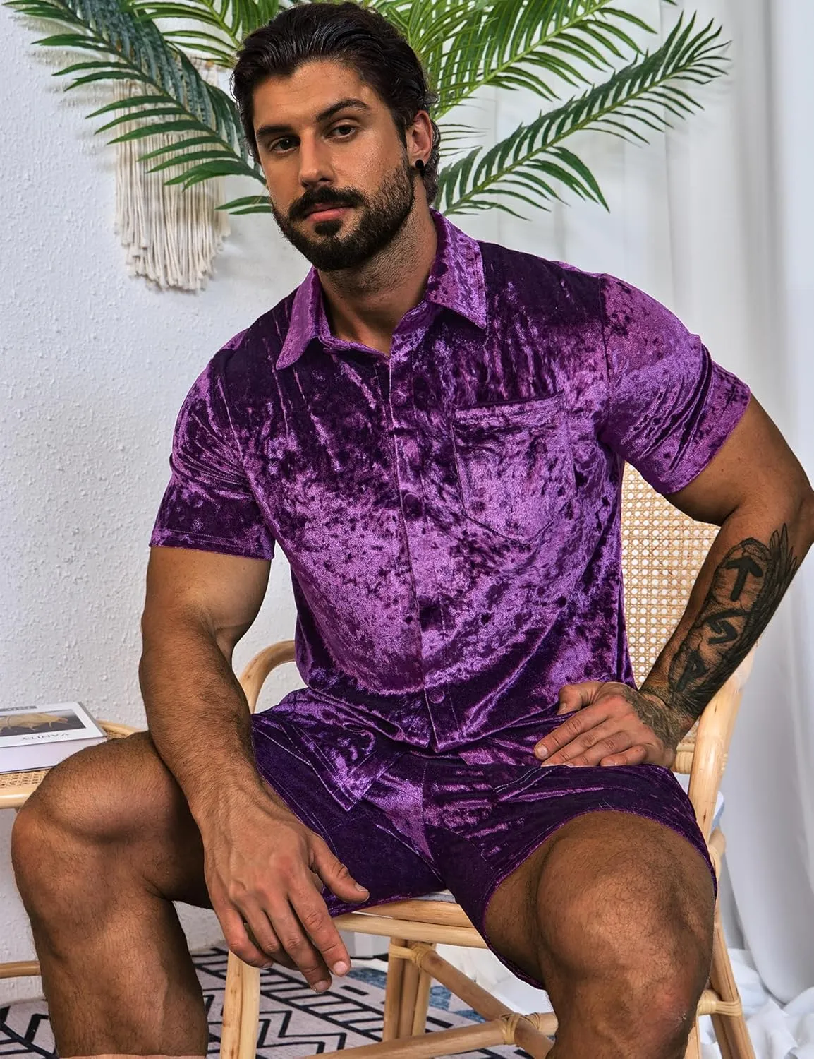 Mens Tracksuit Diamond Velvet Shirts and Shorts Set Fashion Casual 2 Piece Outfits for Men