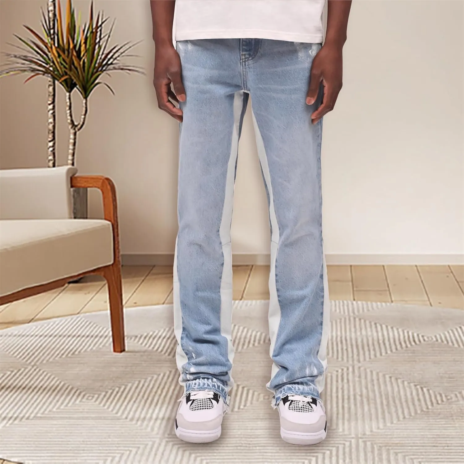 Mens Trendy Washed Denim Trousers Mid-Rise Contrast Color Regular Fit Casual Jean Pants with Pockets Streetwear
