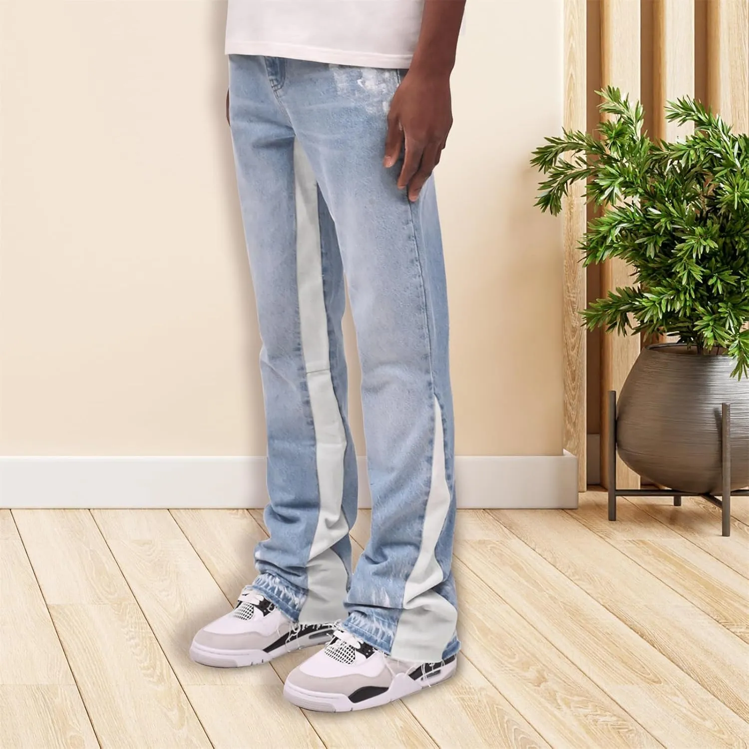 Mens Trendy Washed Denim Trousers Mid-Rise Contrast Color Regular Fit Casual Jean Pants with Pockets Streetwear