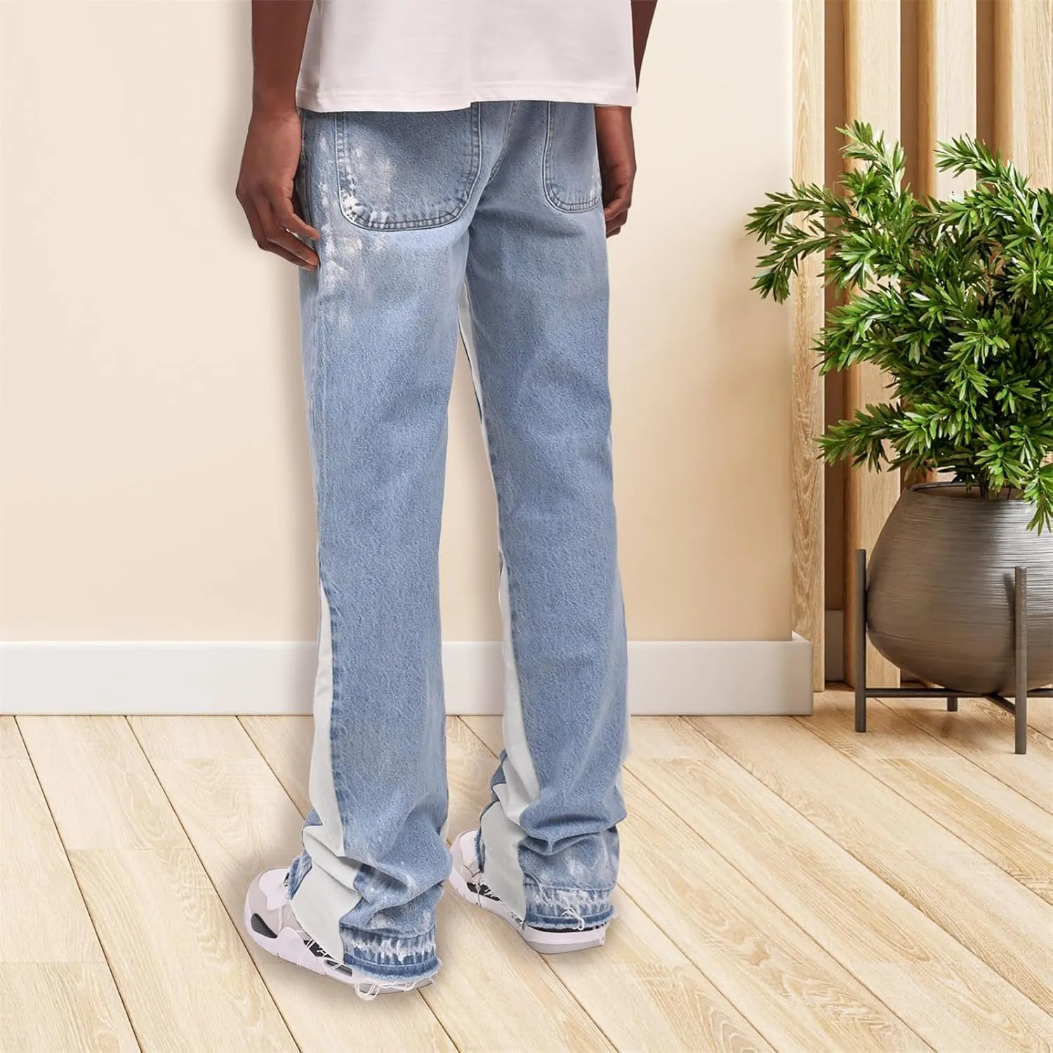 Mens Trendy Washed Denim Trousers Mid-Rise Contrast Color Regular Fit Casual Jean Pants with Pockets Streetwear