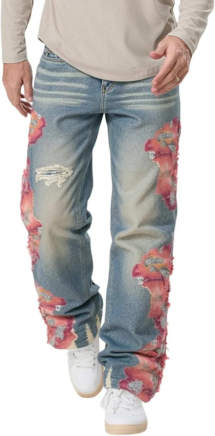 Mens Trendy Washed Denim Trousers Mid-Rise Contrast Color Regular Fit Casual Jean Pants with Pockets Streetwear