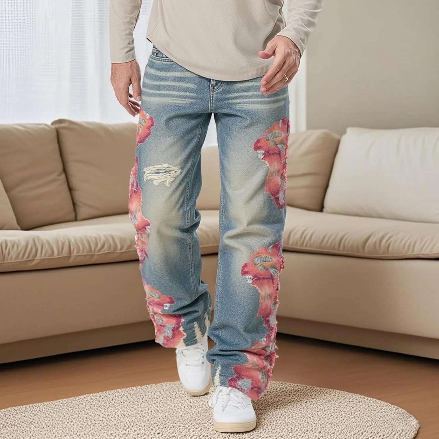 Mens Trendy Washed Denim Trousers Mid-Rise Contrast Color Regular Fit Casual Jean Pants with Pockets Streetwear