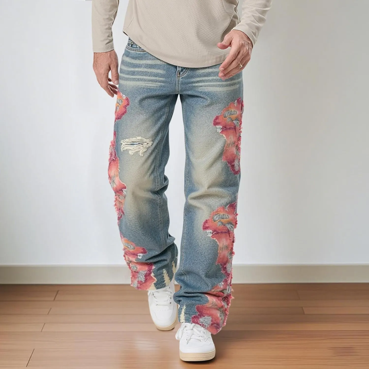 Mens Trendy Washed Denim Trousers Mid-Rise Contrast Color Regular Fit Casual Jean Pants with Pockets Streetwear