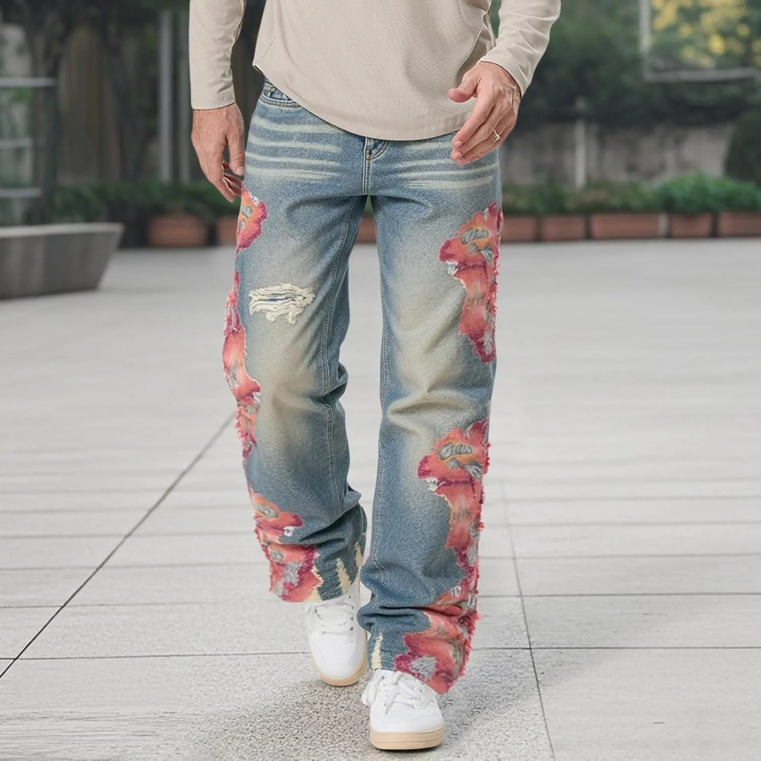 Mens Trendy Washed Denim Trousers Mid-Rise Contrast Color Regular Fit Casual Jean Pants with Pockets Streetwear