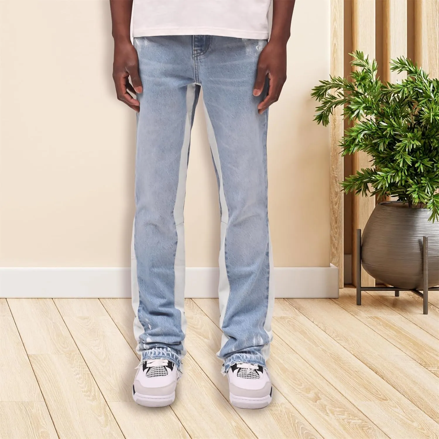 Mens Trendy Washed Denim Trousers Mid-Rise Contrast Color Regular Fit Casual Jean Pants with Pockets Streetwear