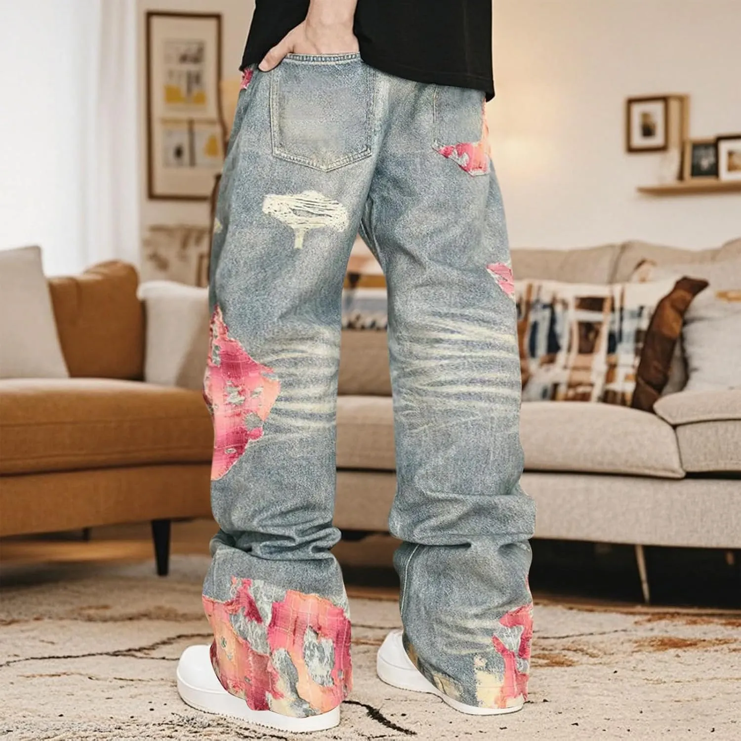 Mens Trendy Washed Denim Trousers Mid-Rise Contrast Color Regular Fit Casual Jean Pants with Pockets Streetwear