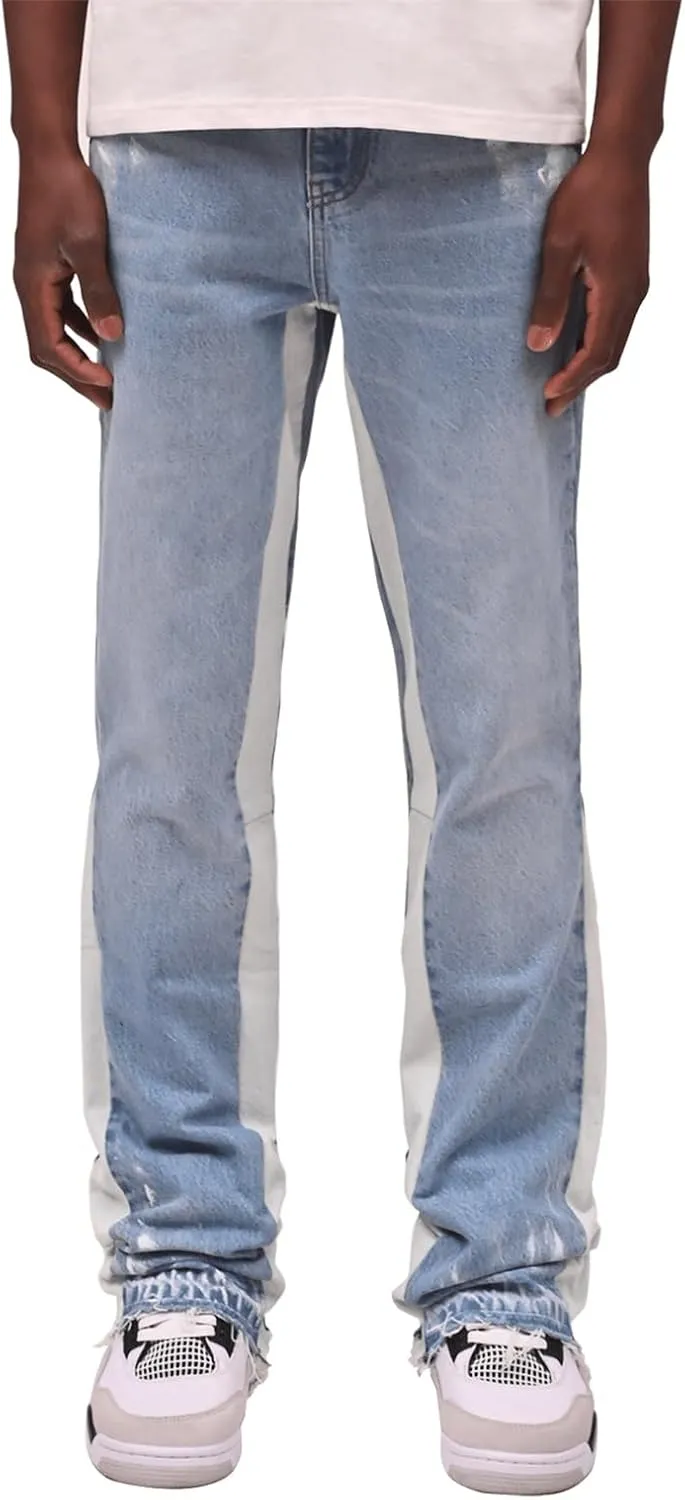 Mens Trendy Washed Denim Trousers Mid-Rise Contrast Color Regular Fit Casual Jean Pants with Pockets Streetwear