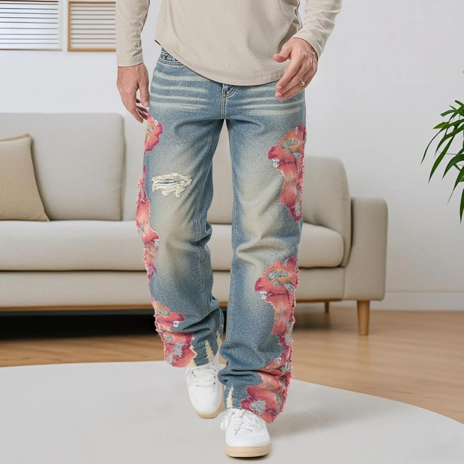 Mens Trendy Washed Denim Trousers Mid-Rise Contrast Color Regular Fit Casual Jean Pants with Pockets Streetwear