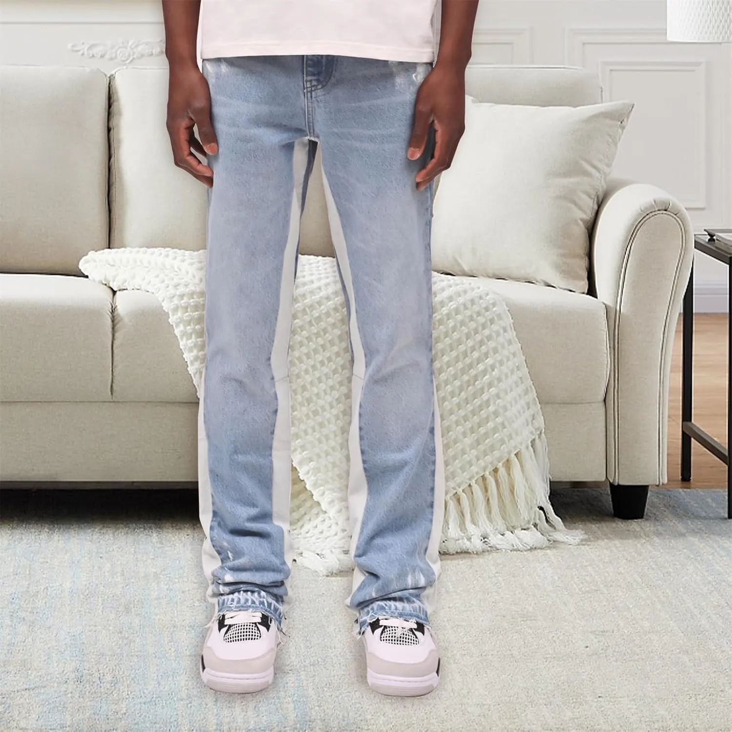 Mens Trendy Washed Denim Trousers Mid-Rise Contrast Color Regular Fit Casual Jean Pants with Pockets Streetwear