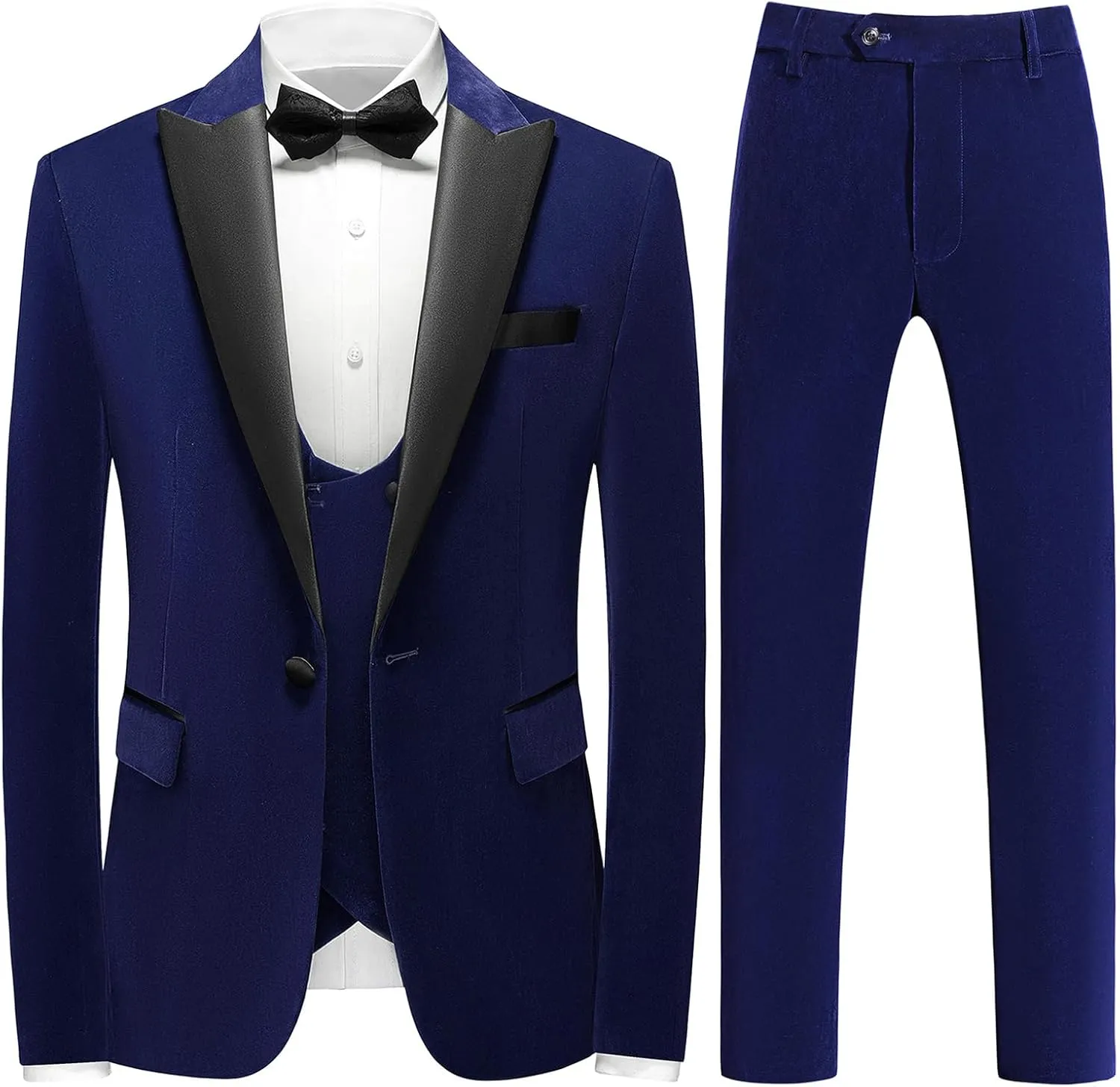 Mens Velvet 3 Piece Suits Slim Fit Peaked Lapel One Button Tuxedo Dinner Jacket Vest Pants Suit Set