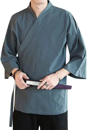 Men's Vintage Kimono Cardigan Cotton Linen Wrap Front Japanese Jinbei Haori Jacket Loose Fit Solid Color Hanfu Top Cover Up