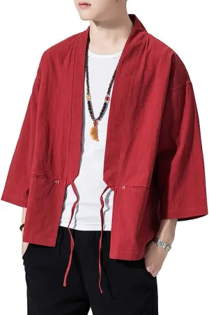 Men's Vintage Kimono Cardigan Cotton Linen Wrap Front Japanese Jinbei Haori Jacket Loose Fit Solid Color Hanfu Top Cover Up