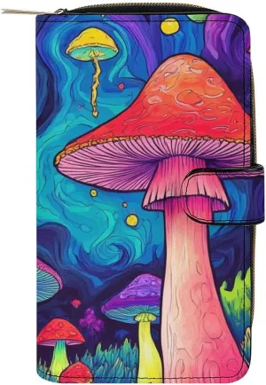 Mens Wallet with 12 Card Slots, Portable Large Capacity Wallets for Travel, Multi-Functional Funny Trippy Magic Mushrooms Art Printed Wallets Purse for Daily Use
