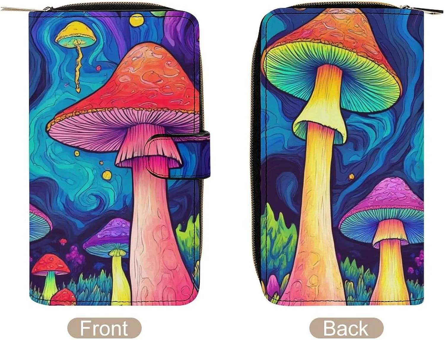 Mens Wallet with 12 Card Slots, Portable Large Capacity Wallets for Travel, Multi-Functional Funny Trippy Magic Mushrooms Art Printed Wallets Purse for Daily Use