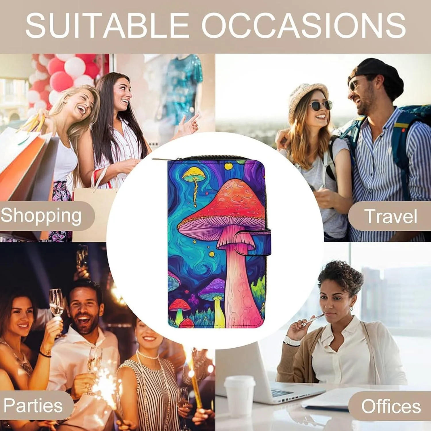 Mens Wallet with 12 Card Slots, Portable Large Capacity Wallets for Travel, Multi-Functional Funny Trippy Magic Mushrooms Art Printed Wallets Purse for Daily Use