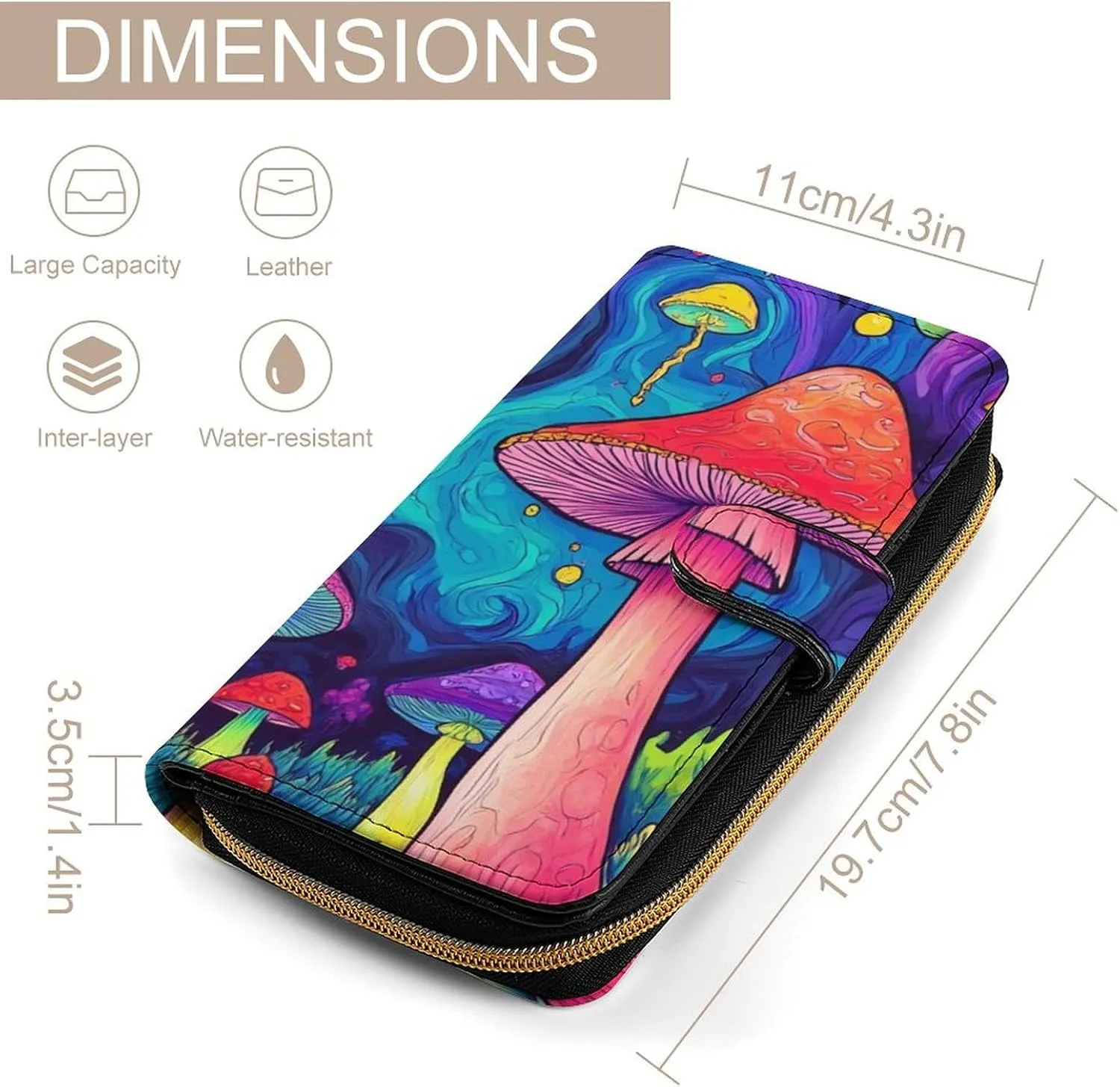 Mens Wallet with 12 Card Slots, Portable Large Capacity Wallets for Travel, Multi-Functional Funny Trippy Magic Mushrooms Art Printed Wallets Purse for Daily Use
