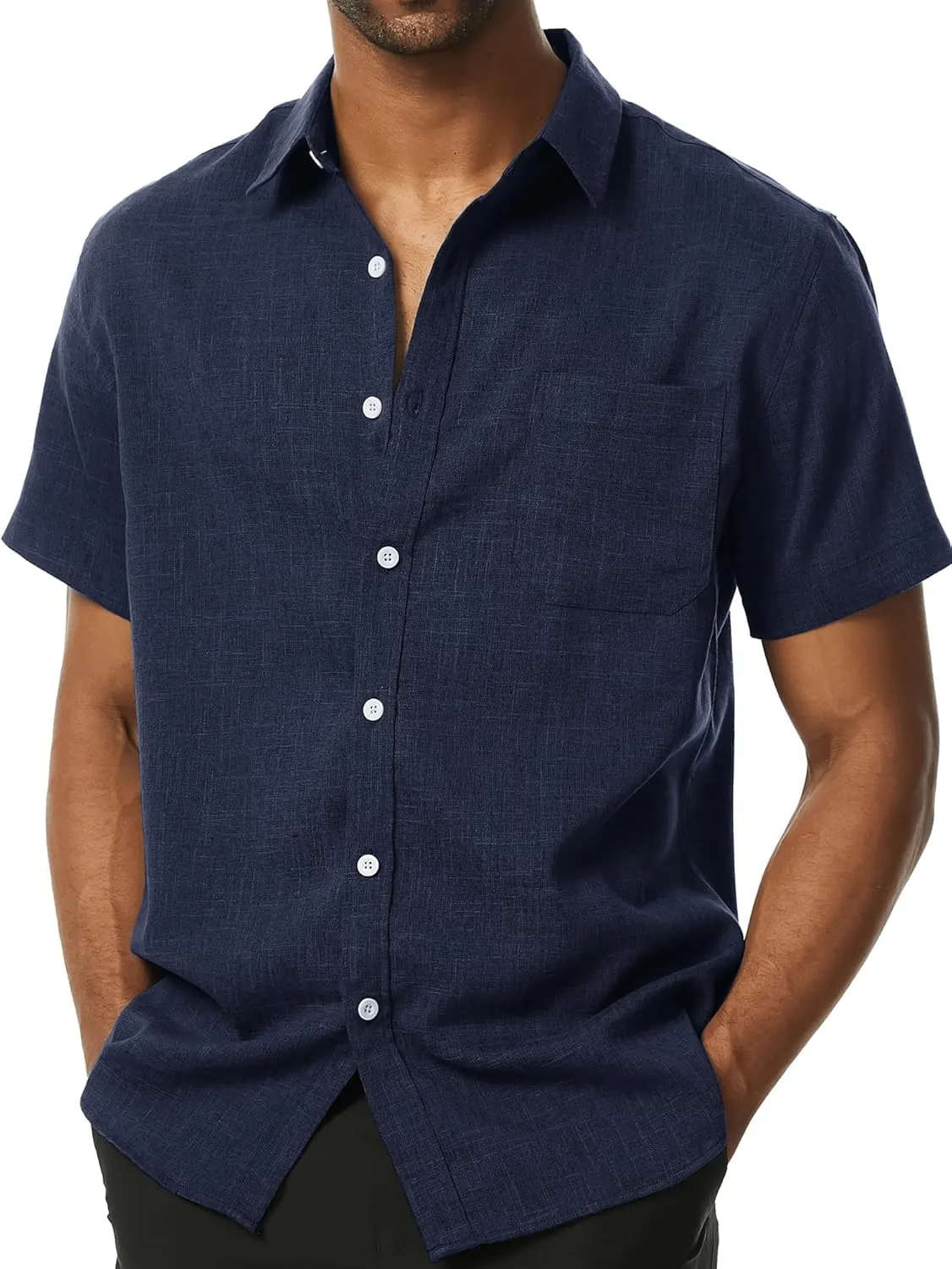 Mens Wrinkle Free Short Sleeve Button Down Shirt Linen-Like Texture Shirts Casual Vacation Beach Summer Top