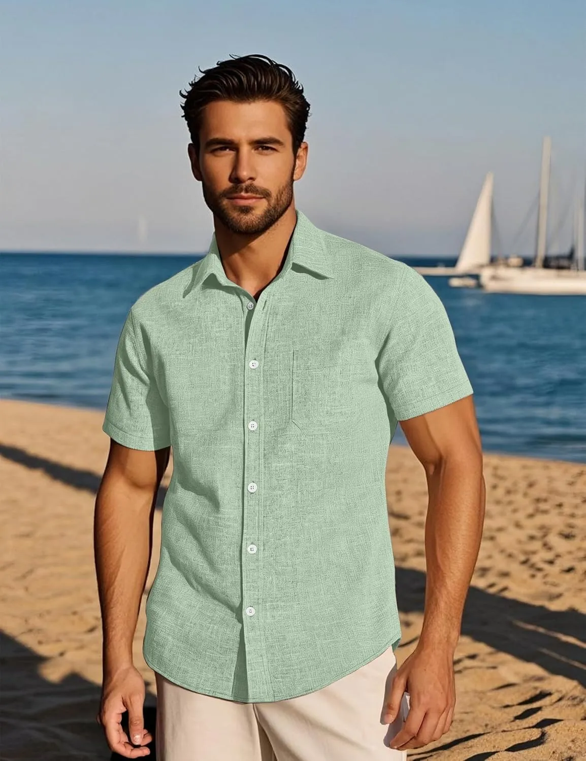 Mens Wrinkle Free Short Sleeve Button Down Shirt Linen-Like Texture Shirts Casual Vacation Beach Summer Top