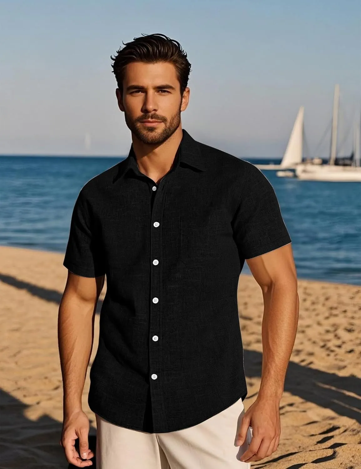 Mens Wrinkle Free Short Sleeve Button Down Shirt Linen-Like Texture Shirts Casual Vacation Beach Summer Top