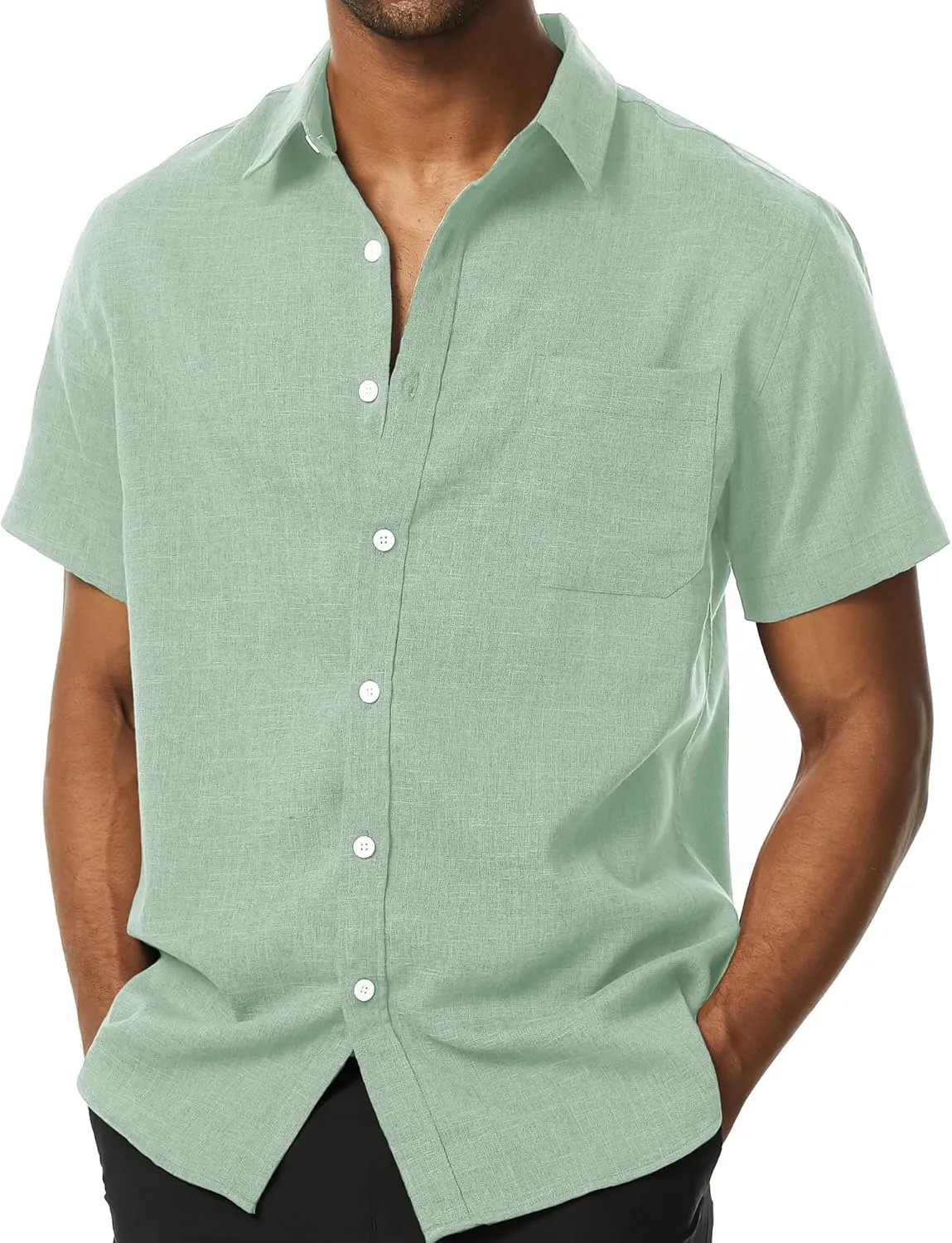 Mens Wrinkle Free Short Sleeve Button Down Shirt Linen-Like Texture Shirts Casual Vacation Beach Summer Top