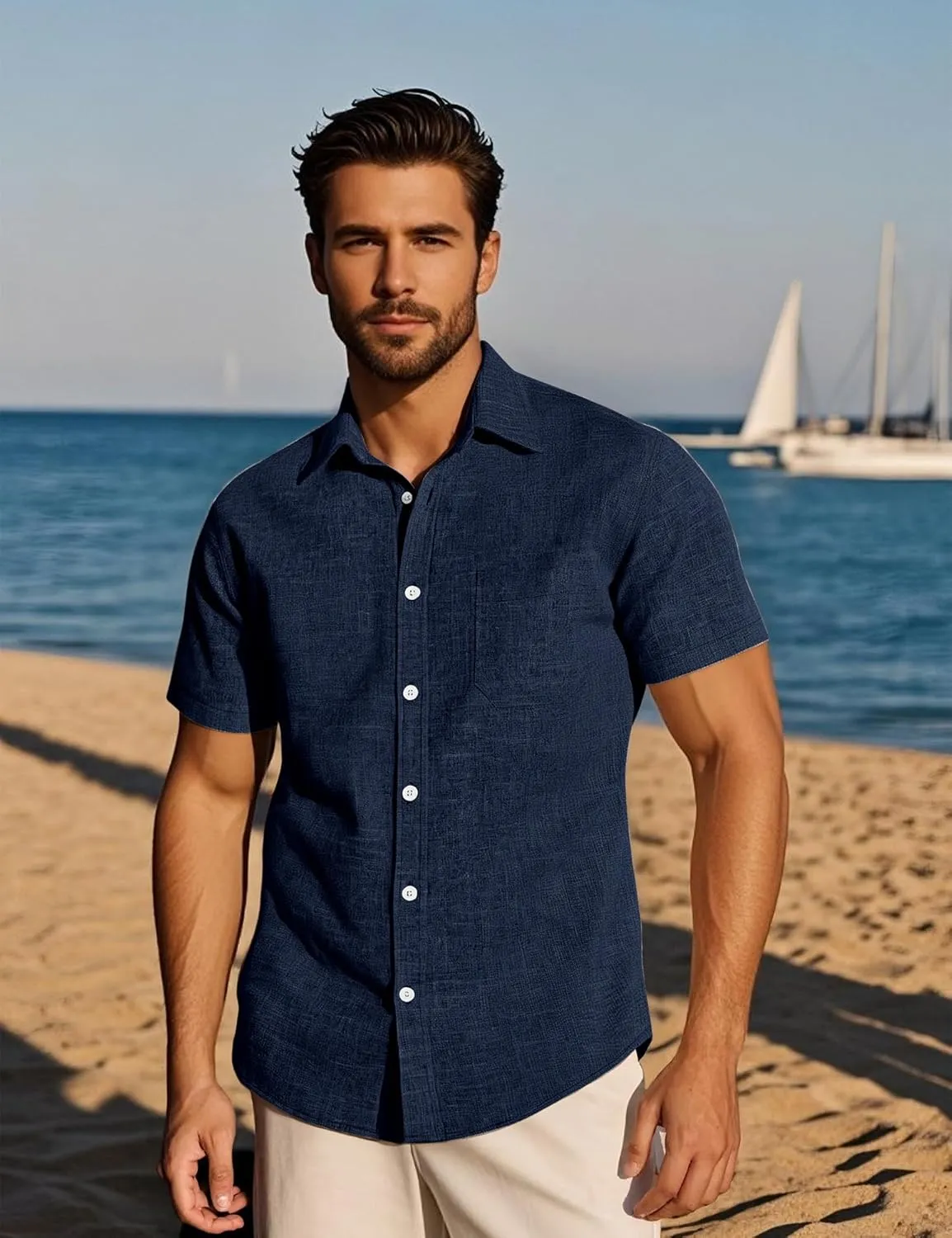 Mens Wrinkle Free Short Sleeve Button Down Shirt Linen-Like Texture Shirts Casual Vacation Beach Summer Top