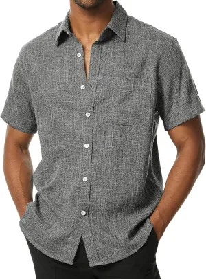 Mens Wrinkle Free Short Sleeve Button Down Shirt Linen-Like Texture Shirts Casual Vacation Beach Summer Top