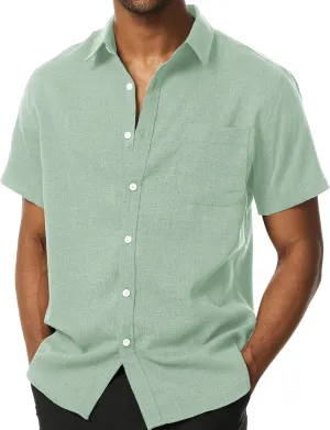 Mens Wrinkle Free Short Sleeve Button Down Shirt Linen-Like Texture Shirts Casual Vacation Beach Summer Top