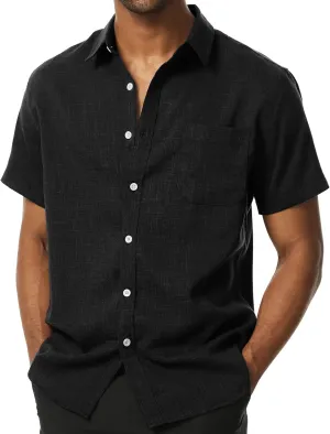 Mens Wrinkle Free Short Sleeve Button Down Shirt Linen-Like Texture Shirts Casual Vacation Beach Summer Top