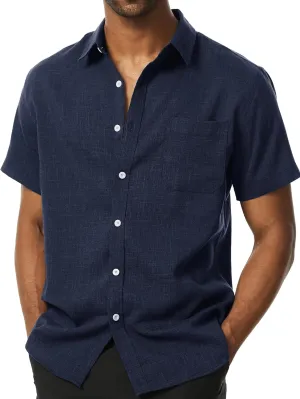 Mens Wrinkle Free Short Sleeve Button Down Shirt Linen-Like Texture Shirts Casual Vacation Beach Summer Top