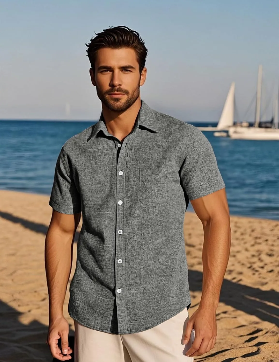 Mens Wrinkle Free Short Sleeve Button Down Shirt Linen-Like Texture Shirts Casual Vacation Beach Summer Top
