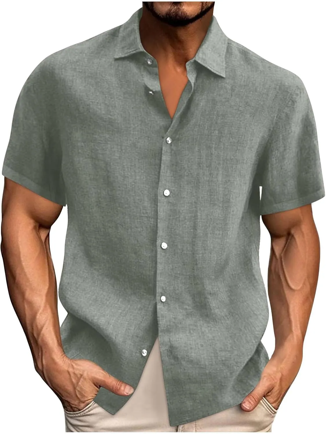 Mens's Cotton Linen Lightweight Lapel Shirts Summer Short Sleeve Solid Button Down Shirt Casual Fashion Tropical Tops