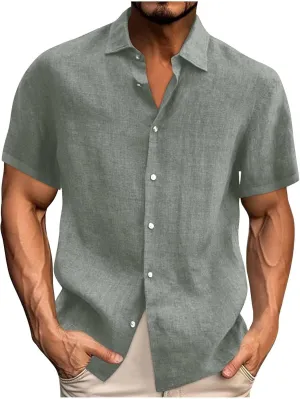 Mens's Cotton Linen Lightweight Lapel Shirts Summer Short Sleeve Solid Button Down Shirt Casual Fashion Tropical Tops
