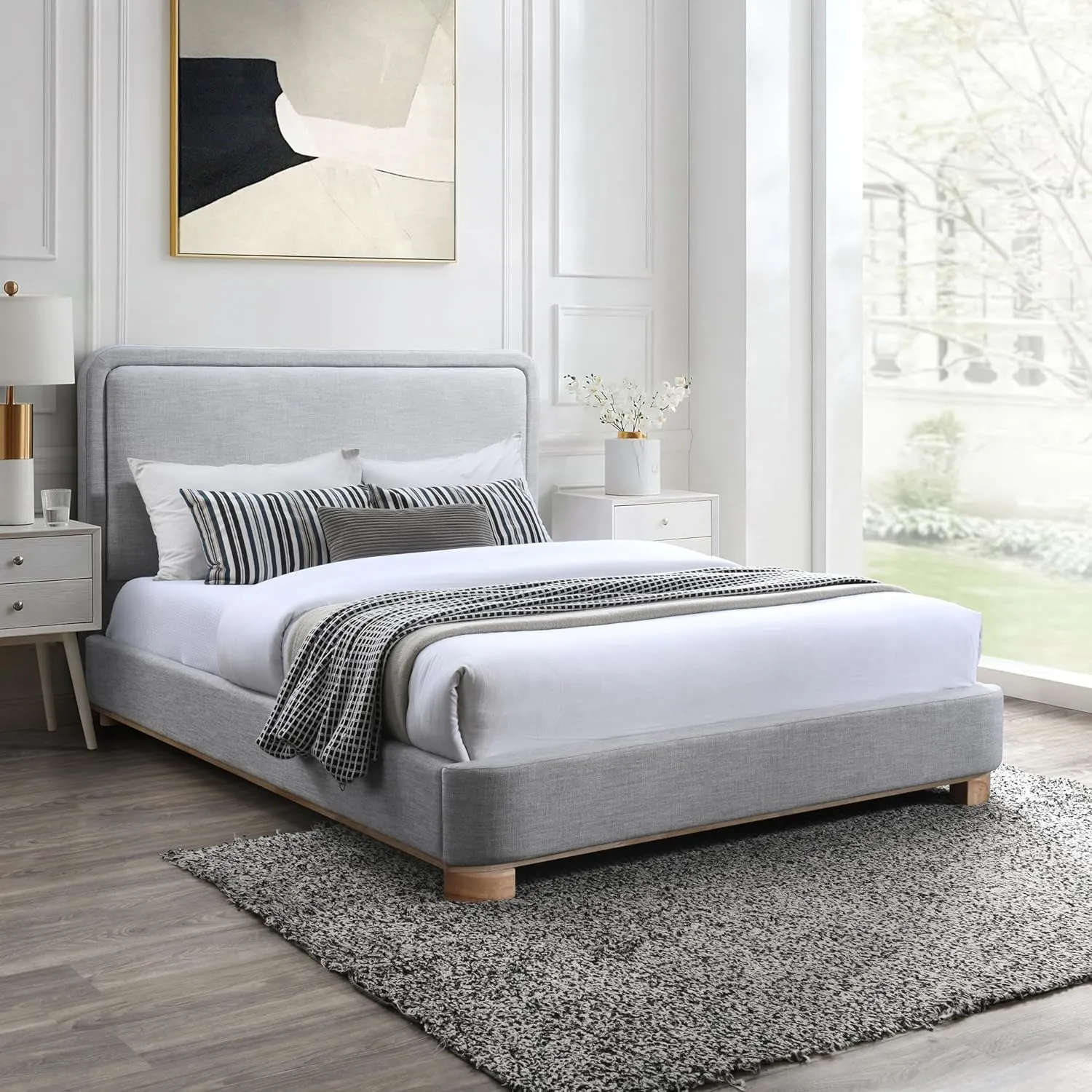 Meridian Furniture B1201Grey-Q Nolita Collection Modern | Contemporary Queen Bed with Soft Light Grey Durable Linen Textured Fabric, Solid Wood Natural Finish, 64.5" W x 87.5" D x 47.5" H, Grey, Queen