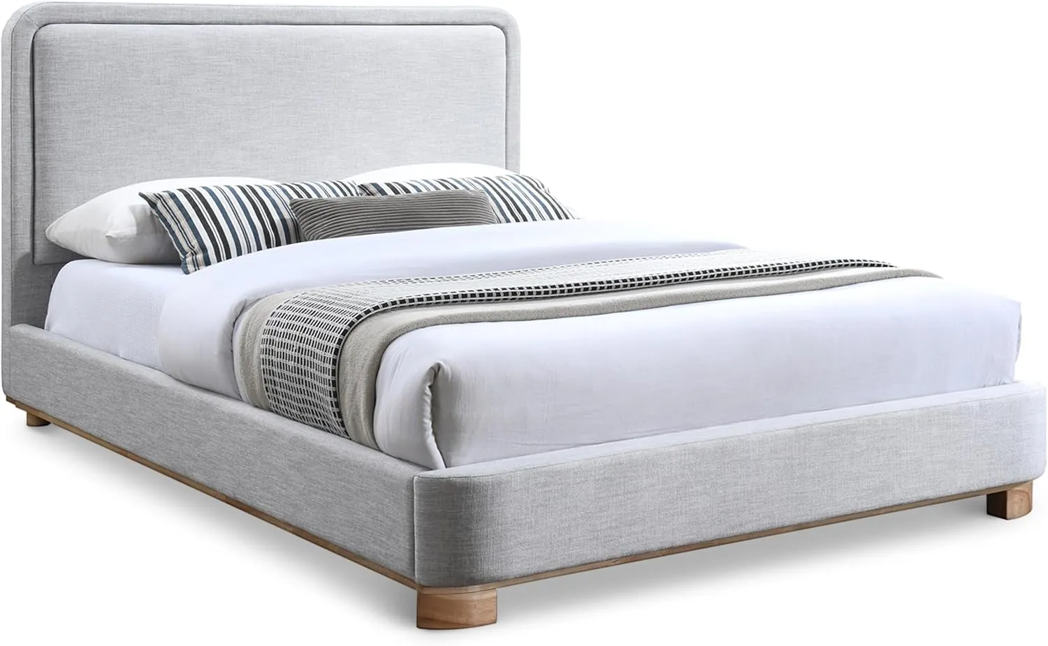 Meridian Furniture B1201Grey-Q Nolita Collection Modern | Contemporary Queen Bed with Soft Light Grey Durable Linen Textured Fabric, Solid Wood Natural Finish, 64.5" W x 87.5" D x 47.5" H, Grey, Queen