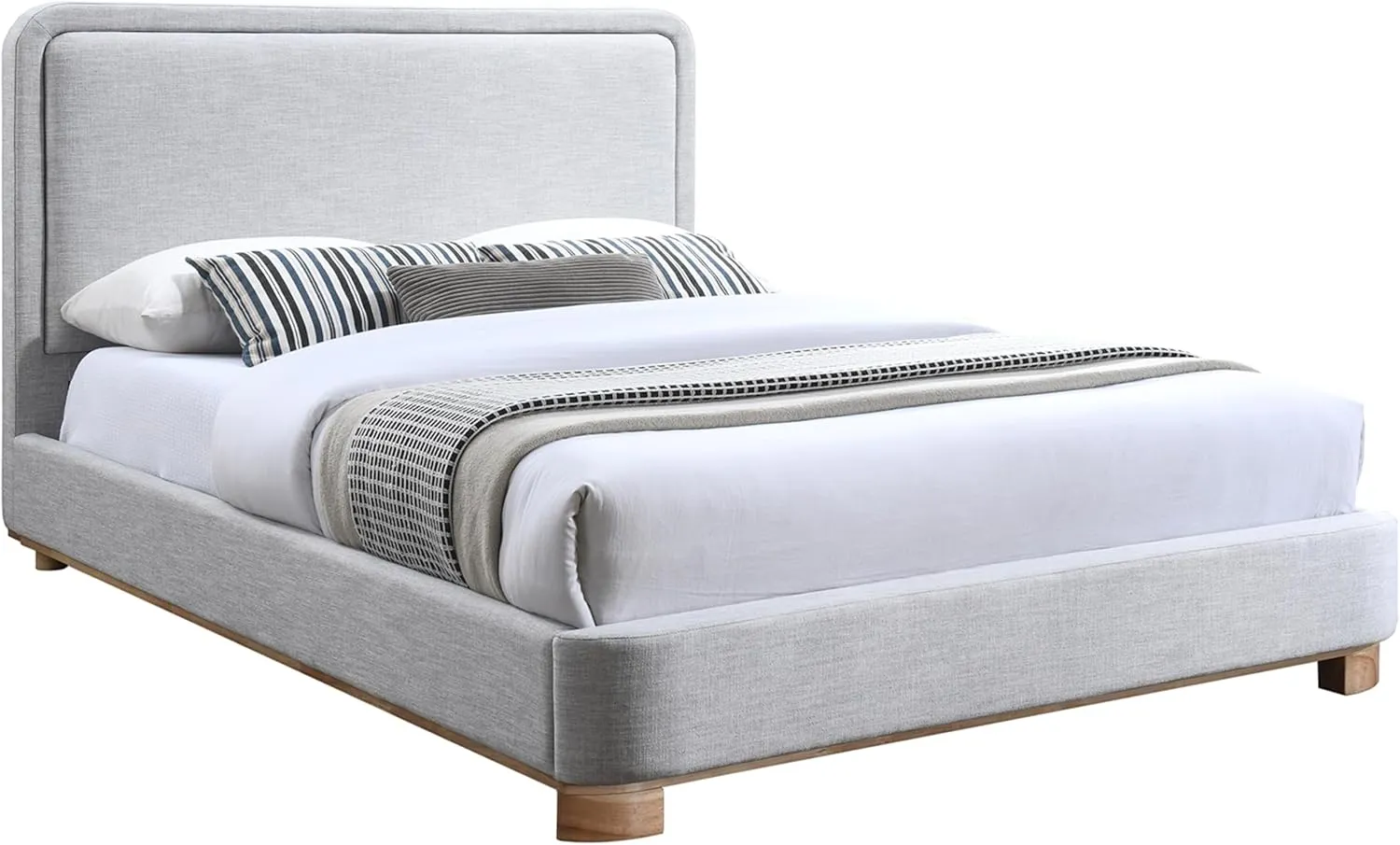 Meridian Furniture B1201Grey-Q Nolita Collection Modern | Contemporary Queen Bed with Soft Light Grey Durable Linen Textured Fabric, Solid Wood Natural Finish, 64.5" W x 87.5" D x 47.5" H, Grey, Queen