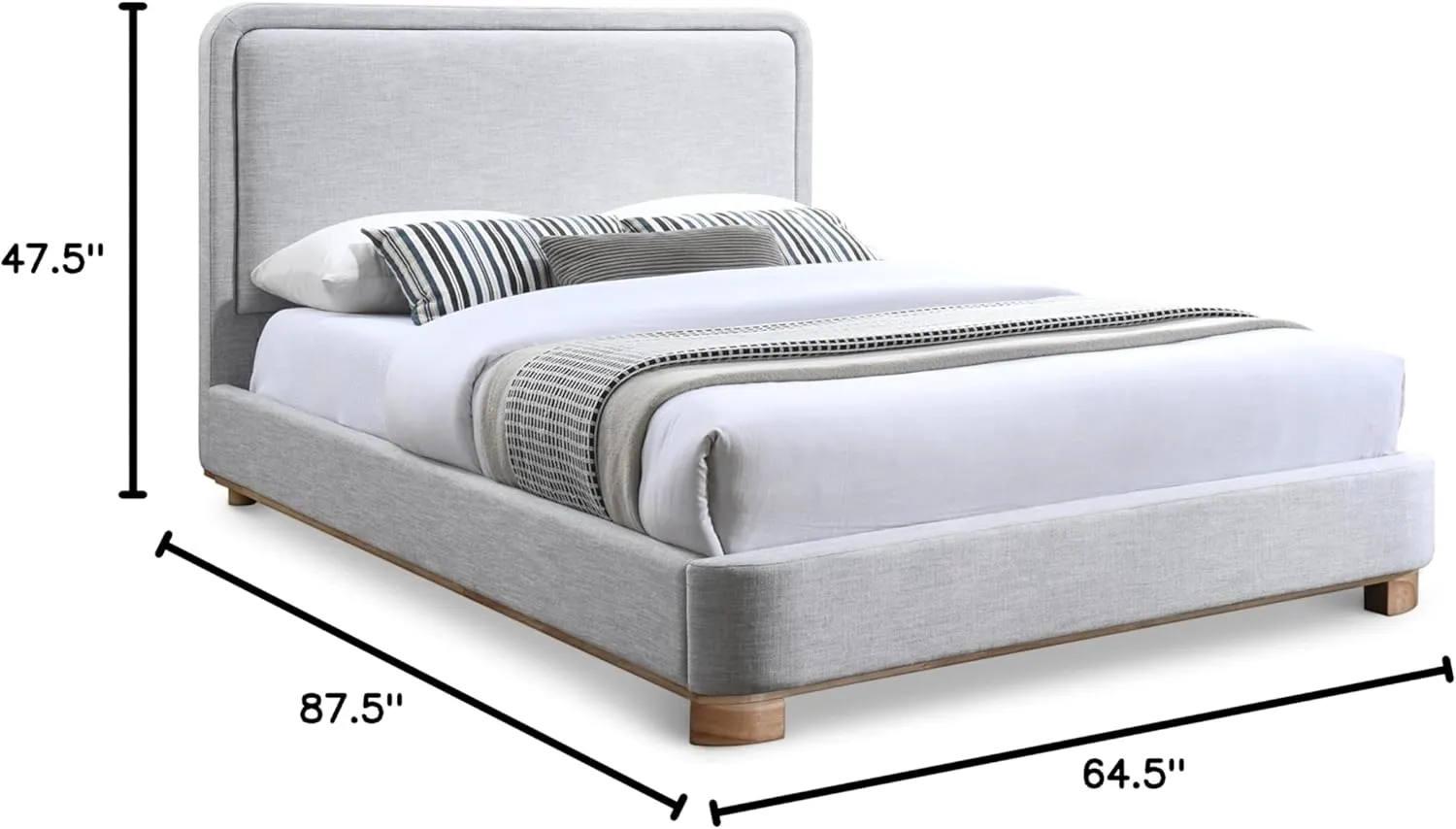 Meridian Furniture B1201Grey-Q Nolita Collection Modern | Contemporary Queen Bed with Soft Light Grey Durable Linen Textured Fabric, Solid Wood Natural Finish, 64.5" W x 87.5" D x 47.5" H, Grey, Queen