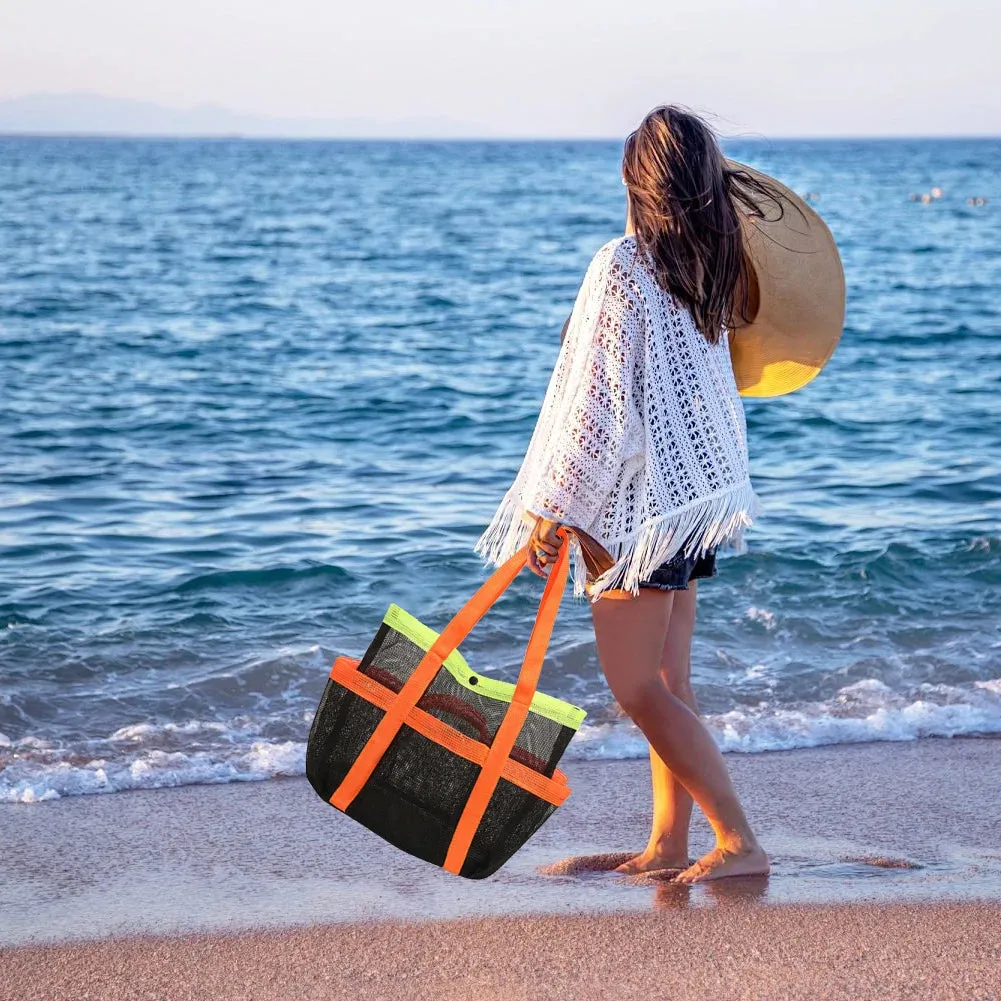 Mesh Beach Bag Large Beach Tote Bag Sandproof Foldable Swimming Pool Bag 7 Pockets for Cruise Swim Vacation Essentials