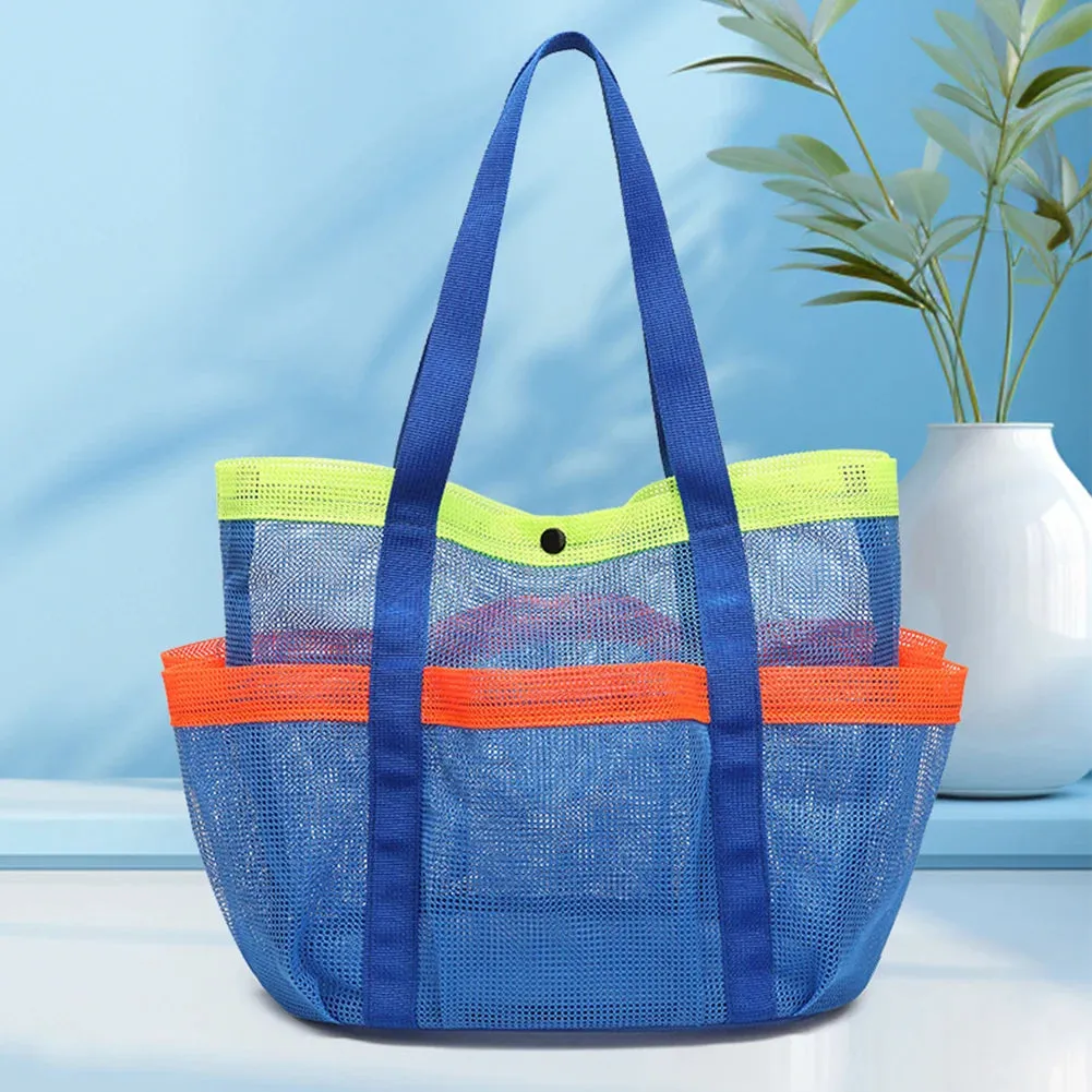 Mesh Beach Bag Large Beach Tote Bag Sandproof Foldable Swimming Pool Bag 7 Pockets for Cruise Swim Vacation Essentials